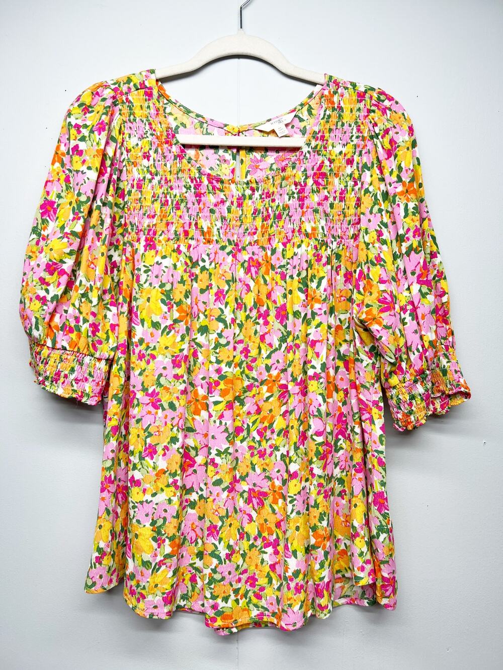 Terra & Sky Floral Smocked Puff Sleeve Top Womens 0X Cottage Prairie Boho Fairy